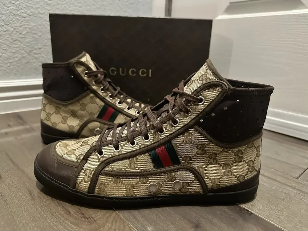 AUTH GUCCI CALIFORNIA BEIGE EBONY SNEAKERS GG MONOGRAM SZ 10.5 (fits USA 11.5)